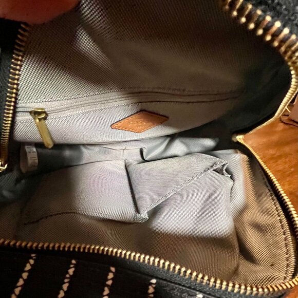 Fossil Megan Backpack LiteHide Leather Black White Heart Stripes Tan Accents - Picture 13 of 14